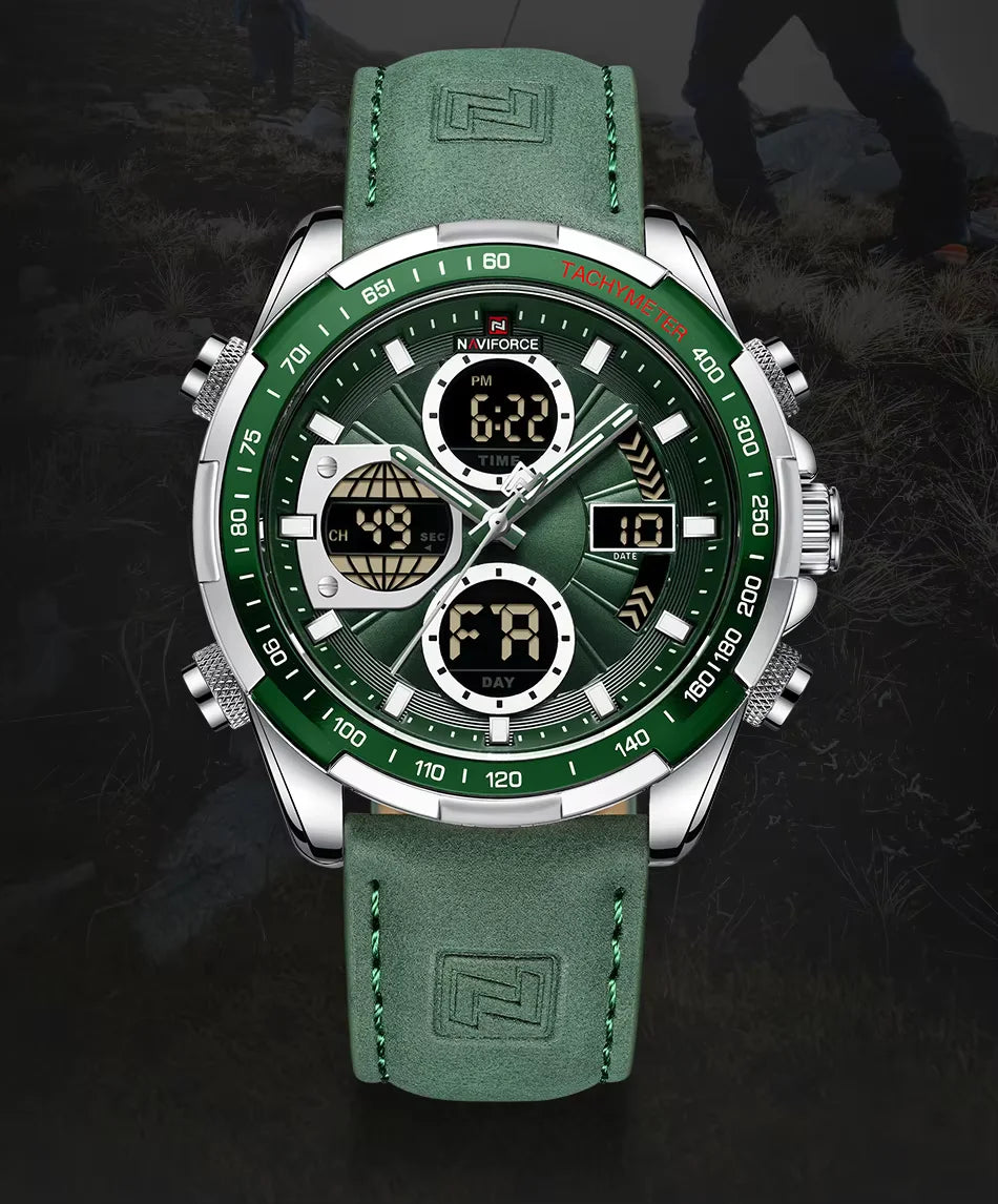 NAVIFORCE 9197L Men's Military Watch – Analog Digital Display, Waterproof, Leather Strap, Alarm & Calendar