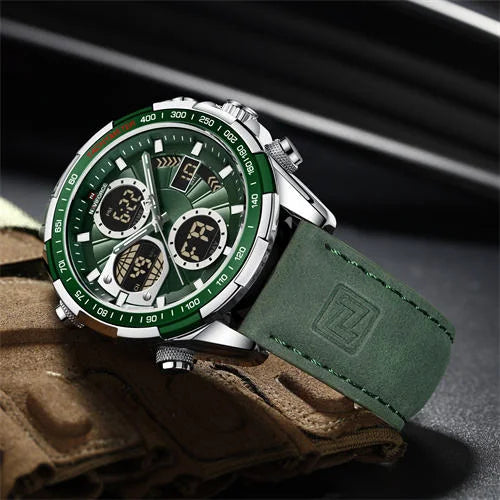 Naviforce NF9197L close-up of green dial with silver case and luminous hands, showing analog-digital dual display and premium detailing – Jainixi Watches