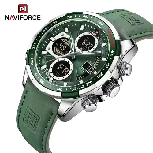 NAVIFORCE 9197L Men's Military Watch – Analog Digital Display, Waterproof, Leather Strap, Alarm & Calendar