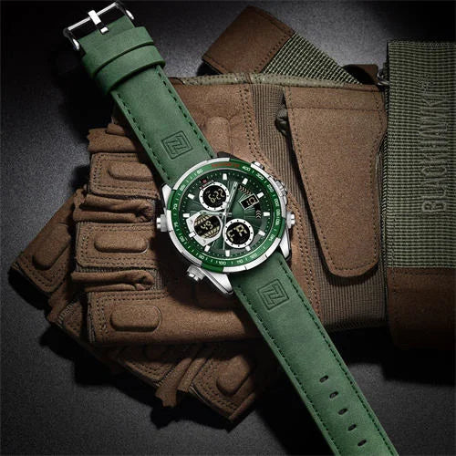 NAVIFORCE 9197L Men's Military Watch – Analog Digital Display, Waterproof, Leather Strap, Alarm & Calendar