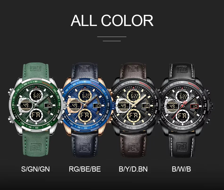 NAVIFORCE 9197L Men's Military Watch – Analog Digital Display, Waterproof, Leather Strap, Alarm & Calendar