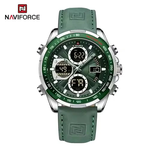 Naviforce NF9197L dual display green dial men’s watch with silver case and genuine leather strap – Jainixi Watches