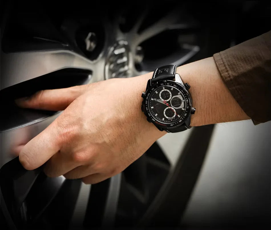 NAVIFORCE 9197L Men's Military Watch – Analog Digital Display, Waterproof, Leather Strap, Alarm & Calendar