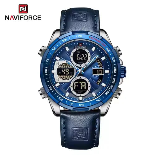 Naviforce NF9197L blue dial chronograph men’s watch with silver case and blue leather strap-Jainixi watches