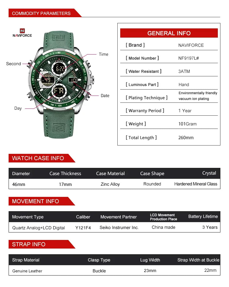 Naviforce NF9197 watch parameters showing detailed specifications, including case size, dial diameter, strap width, and overall dimensions-jainixi watches