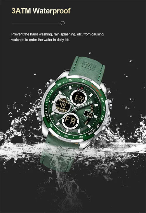 Naviforce NF9197L watch showing 3 ATM water resistance — durable for daily use, splashproof design with stainless-steel back and premium build quality by Jainixi Watches