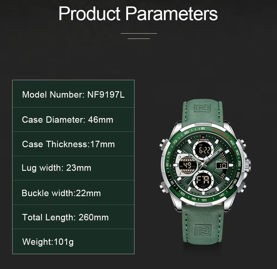 Naviforce NF9197L watch parameters showing detailed specifications including case size, dial diameter, strap width, and overall dimensions-jainixi watches