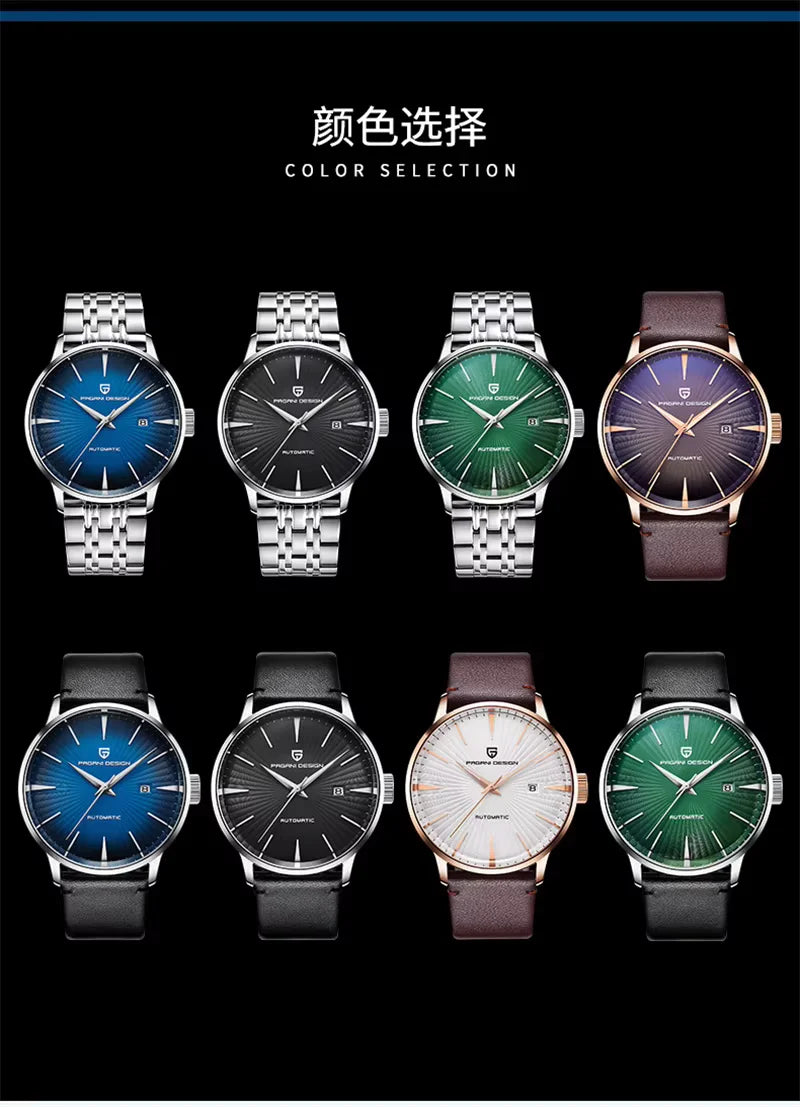 Pagani Design watches with all dial colors black blue green white gold red stainless steel bracelet automatic watches for men