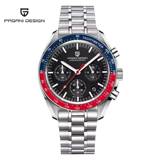 Pagani Design chronograph watch with stainless steel strap, black dial, and red blue Pepsi tachymeter bezel for men