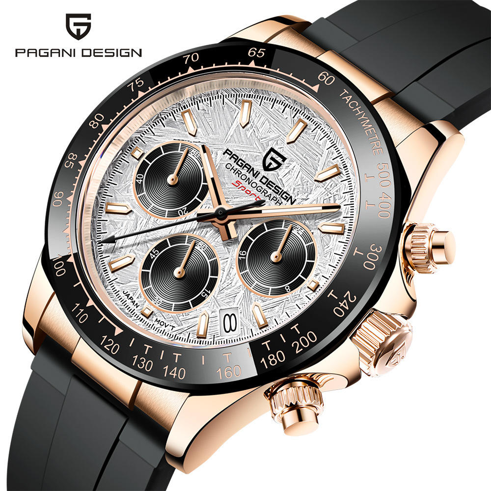 Close-up of Pagani Design PD-1664 Rose Gold meteorite Dial with Black Subdials