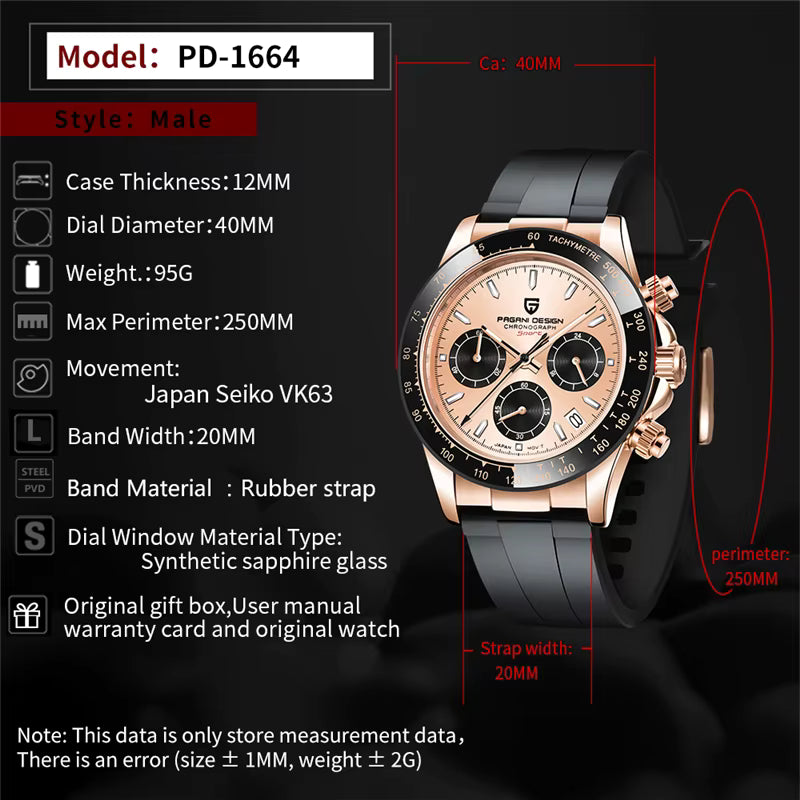 Pagani Design PD-1664 specifications featuring 40mm case, TMI Seiko VK63 meca-quartz movement, sapphire crystal, black rubber strap, and 100M water resistance.