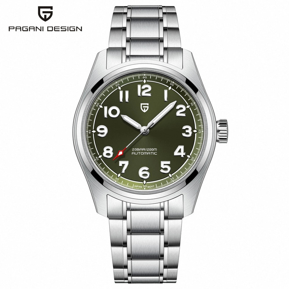Pagani Design PD-1717 green pilot watch front view 38mm NH35 automatic stainless steel