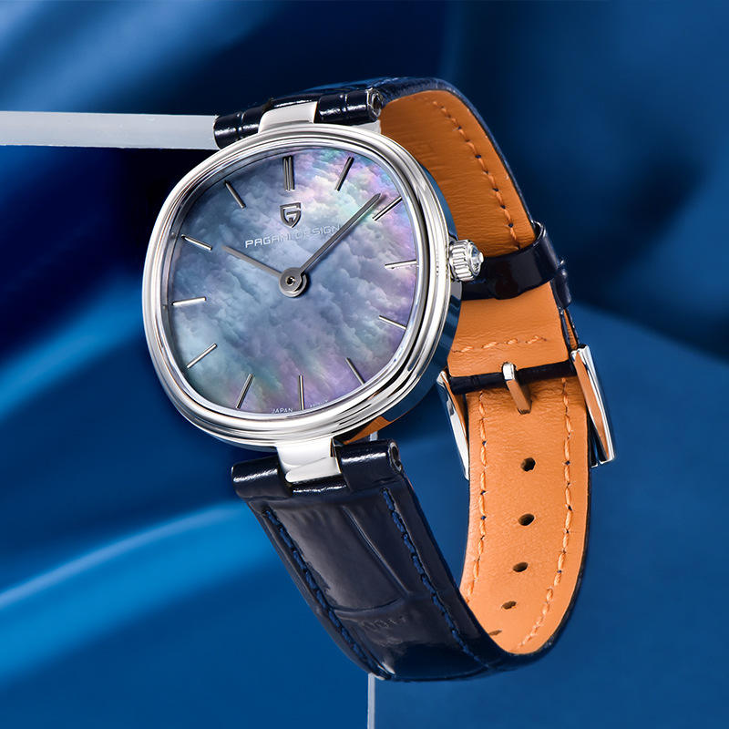 Close-up of Mother of Pearl dial on PAGANI DESIGN PD-1825 women's watch blue
