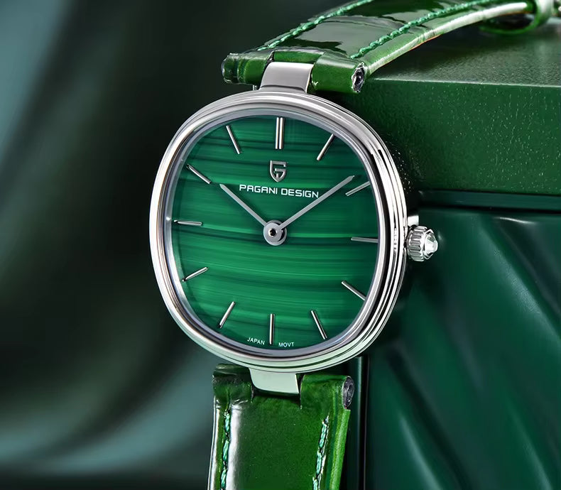 Side profile of PAGANI DESIGN PD-1825 slim women's leather watch green dial