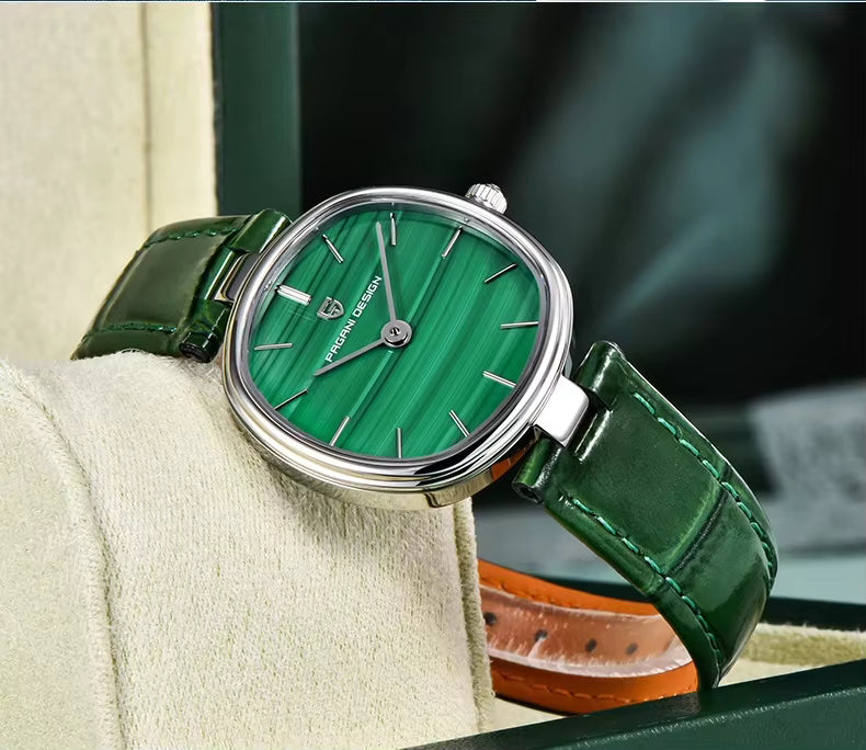 Side profile of PAGANI DESIGN PD-1825 slim women's leather watch green