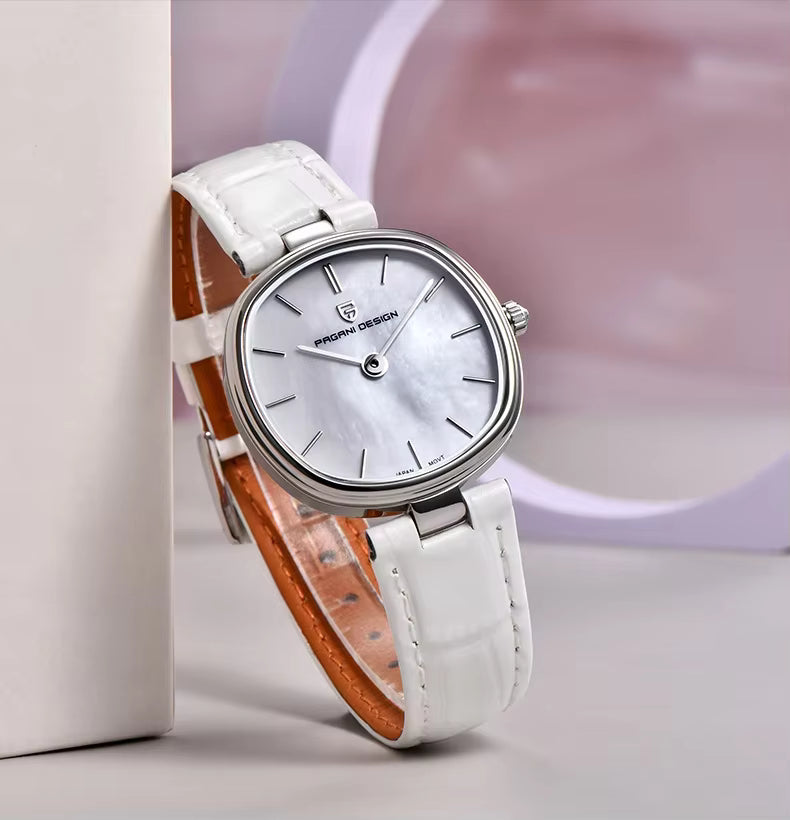 Side profile of PAGANI DESIGN PD-1825 slim women's leather watch hite dial