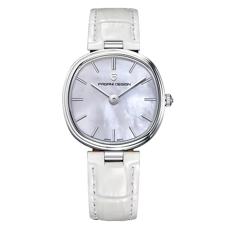 PAGANI DESIGN PD-1825 white women's quartz watch with Mother of Pearl dial, leather strap and sapphire crystal