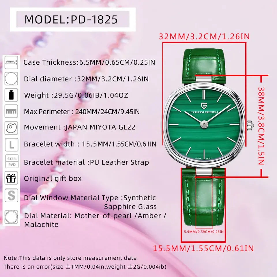 PAGANI DESIGN PD-1825 women's quartz watch specifications infographic featuring Miyota GL22 Japan movement, Mother of Pearl dial, sapphire crystal, 32mm stainless steel case, genuine leather strap, 5ATM waterproof rating, and elegant fashion design.