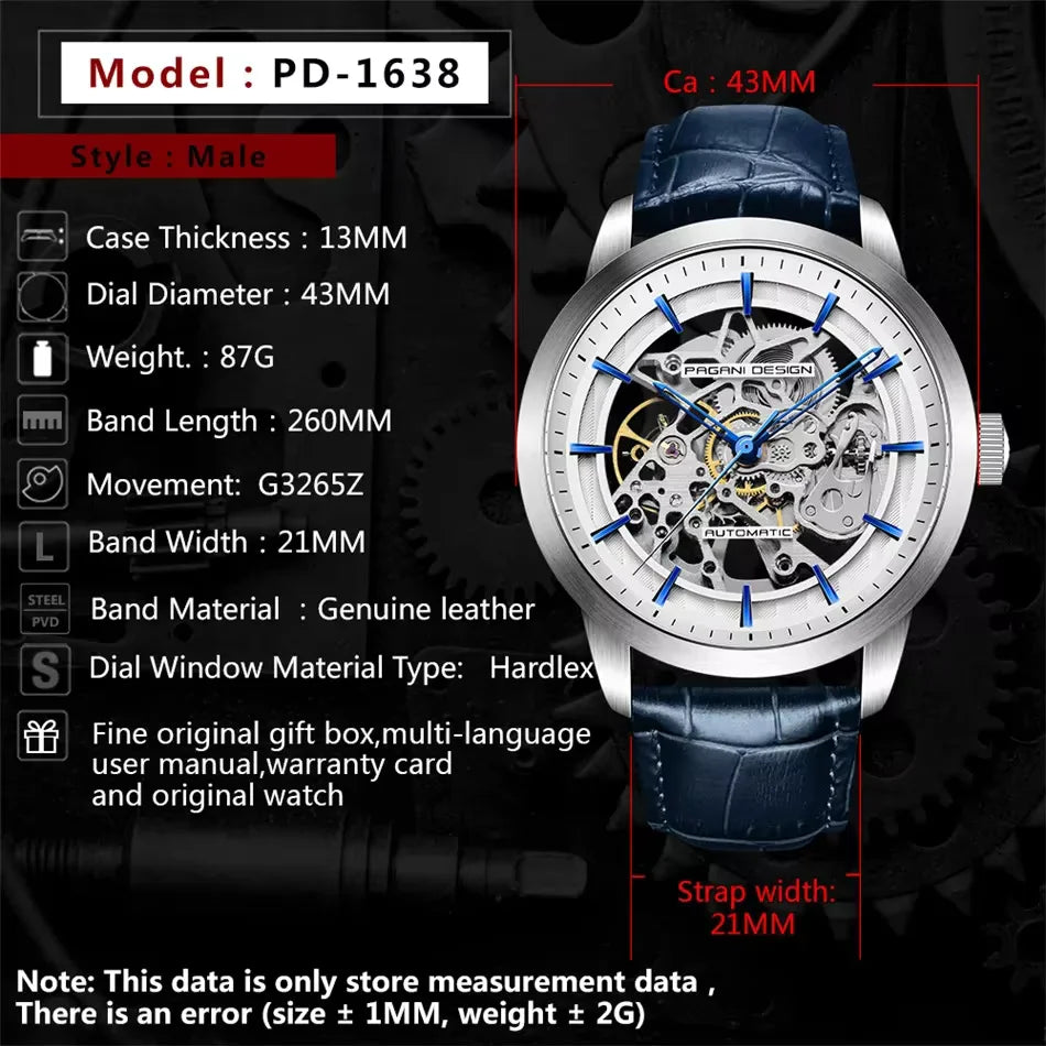 Pagani Design PD-1638 Skeleton Automatic Watch for Men | Leather Strap | Luxury Mechanical Watch India