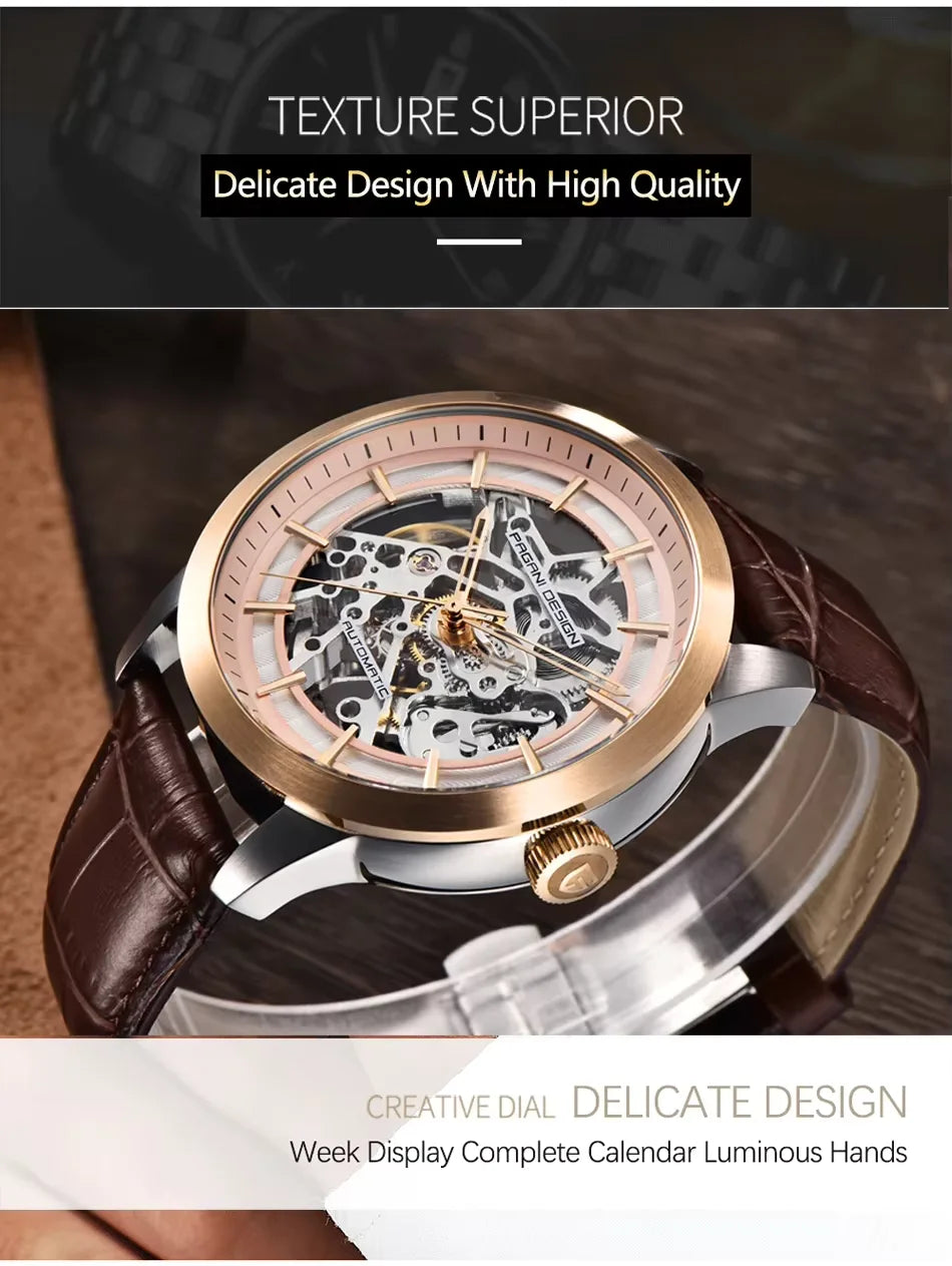 Pagani Design PD-1638 Skeleton Automatic Watch for Men | Leather Strap | Luxury Mechanical Watch India