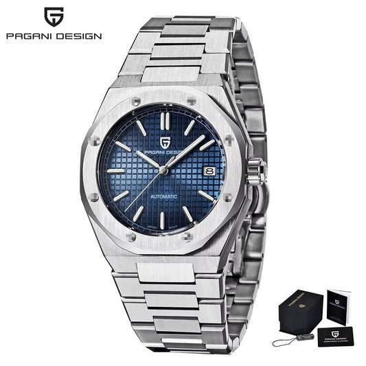 Front view of Pagani Design PD-1673 Royal Oak homage watch with blue dial and stainless steel bracelet.