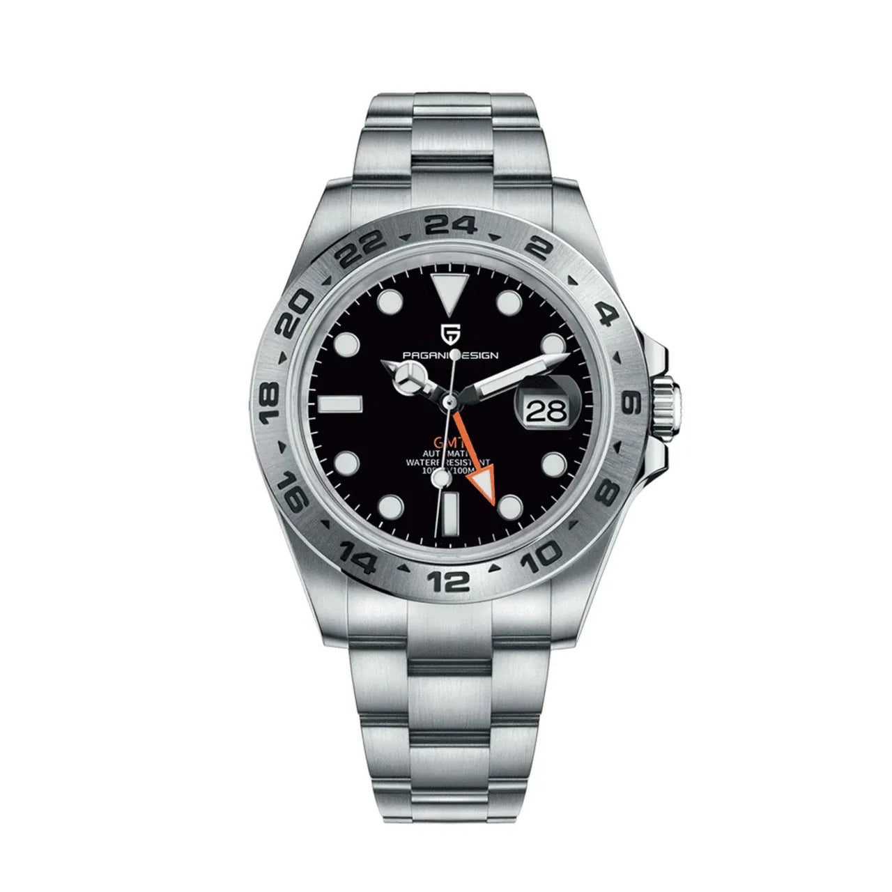 Pagani Design PD-1682 GMT black dial automatic watch front view dual time