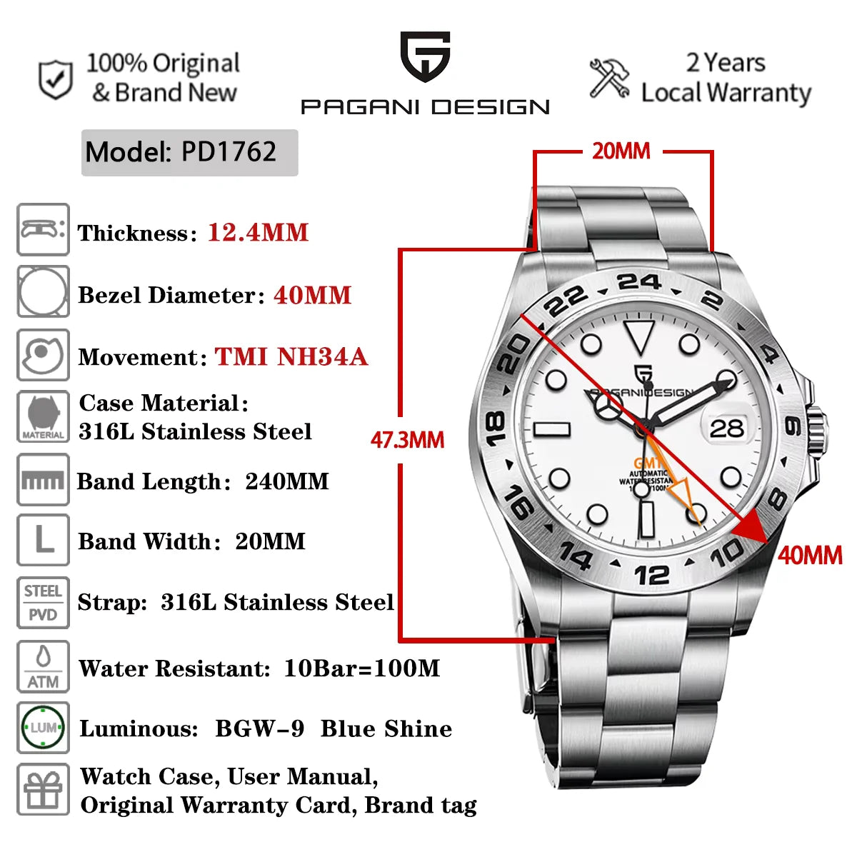 Pagani Design PD-1682 GMT automatic watch specifications infographic showing sapphire crystal, 100m waterproof, stainless steel bracelet, luminous dial and dual time function