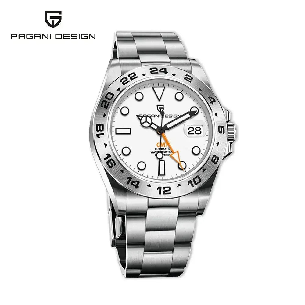 Pagani Design PD-1682 GMT white dial automatic watch front view dual time