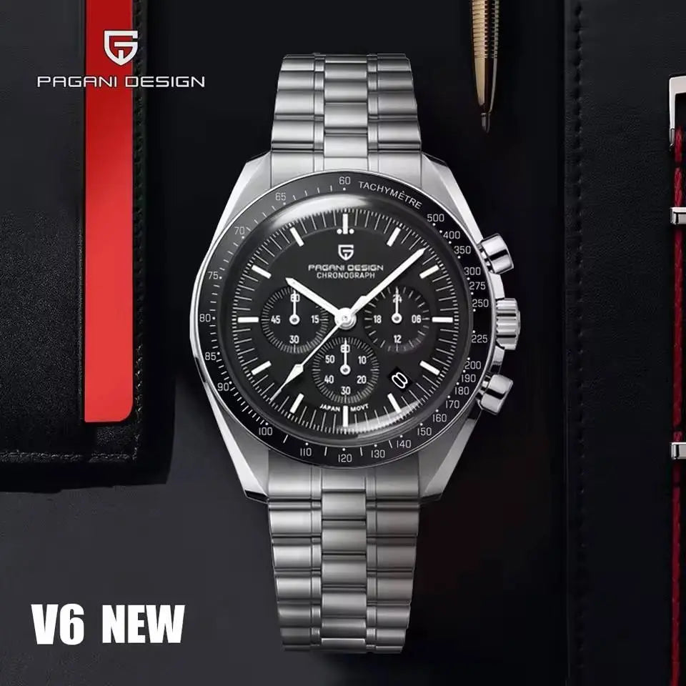 Pagani Design PD-1701 black dial Speedmaster homage chronograph watch with tachymeter bezel