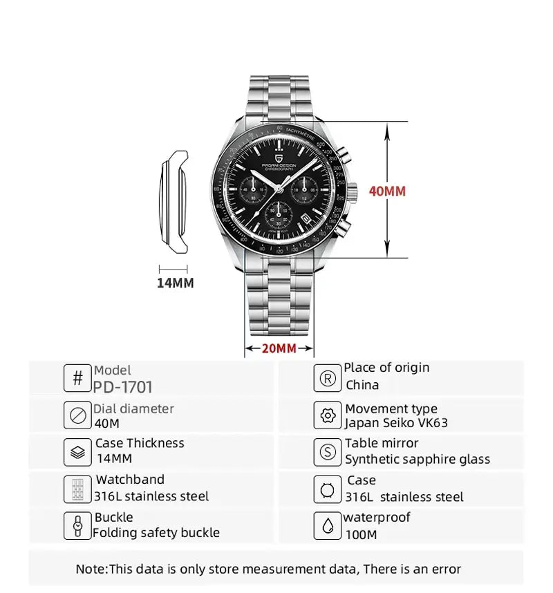 Pagani Design PD-1701 black dial chronograph watch specifications showing 40mm case size 14mm thickness Seiko VK63 movement and sapphire glass