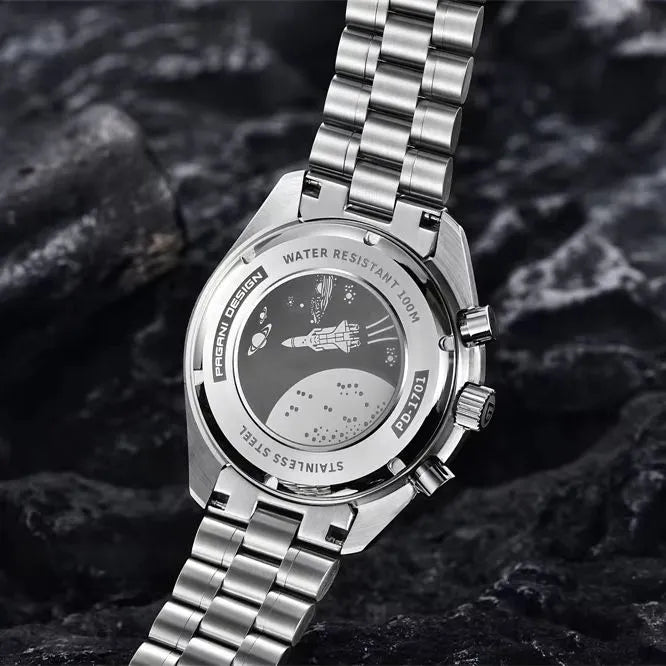 Pagani Design PD-1701 caseback stainless steel watch showing engraved design and 100m water resistance chronograph