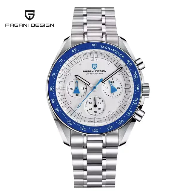 Pagani Design pd 1701 chronograph watch with blue tachymeter bezel, white dial, and stainless steel bracelet for men