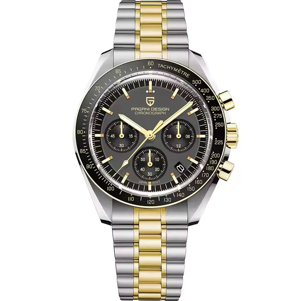 Pagani Design pd 1701 chronograph watch with black dial, rose gold and silver two tone stainless steel bracelet, and tachymeter bezel for men