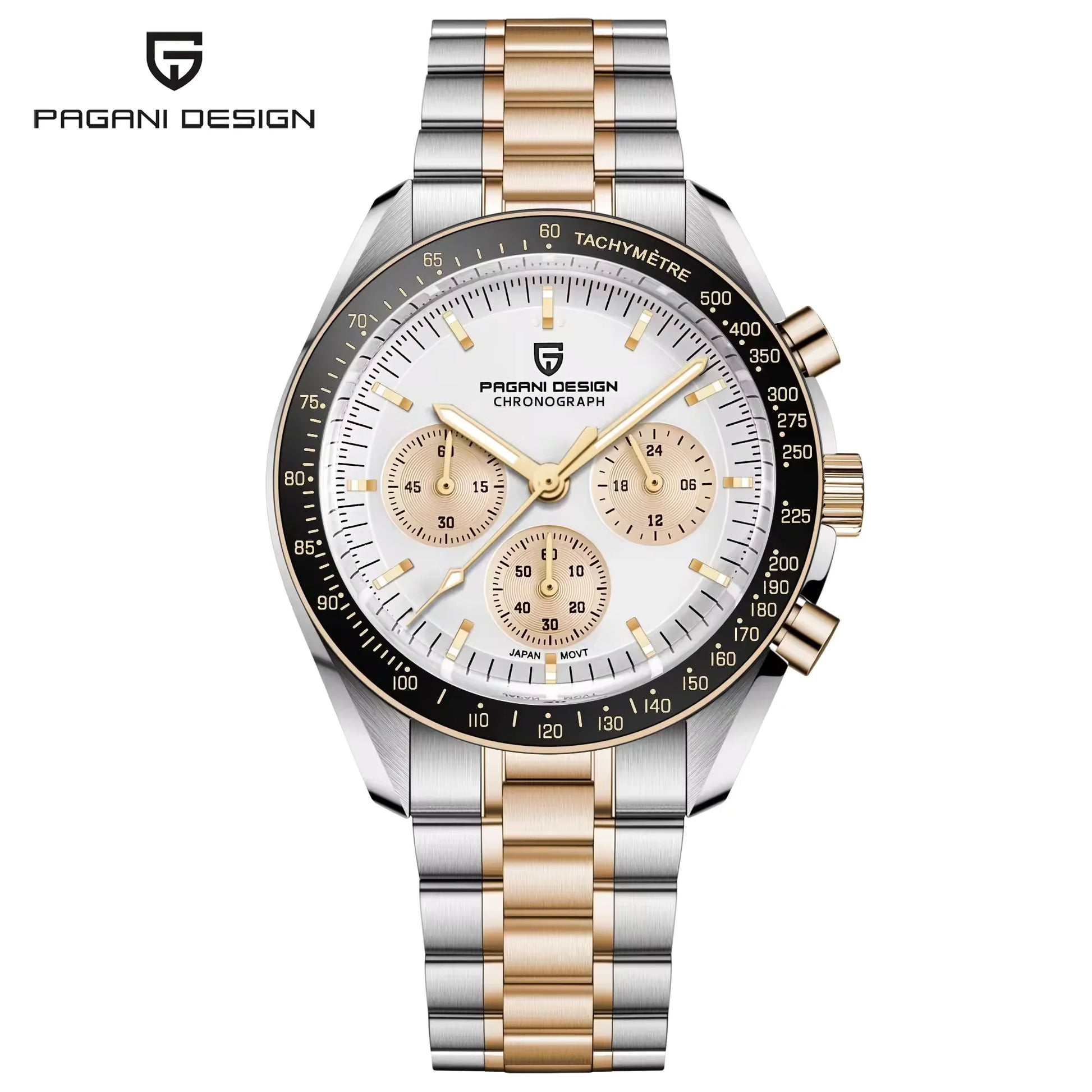 Pagani Design pd 1701 chronograph watch with a white dial, a rose gold and silver two-tone stainless steel bracelet, and tachymeter bezel for men