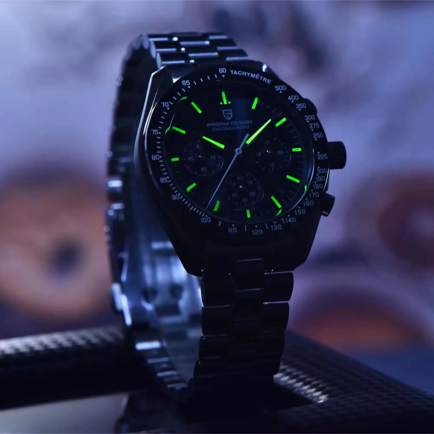 Pagani Design PD-1701 luminous dial night view showing glowing hands and markers