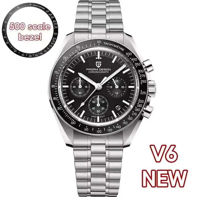 Pagani Design PD-1701 black dial Speedmaster homage chronograph watch with tachymeter bezel