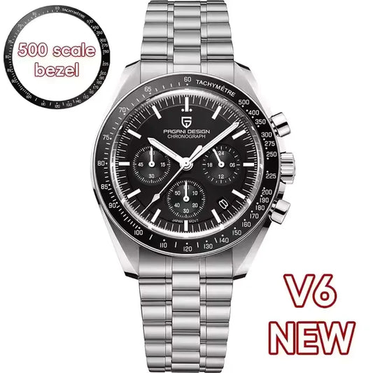 Pagani Design PD-1701 black dial Speedmaster homage chronograph watch with tachymeter bezel