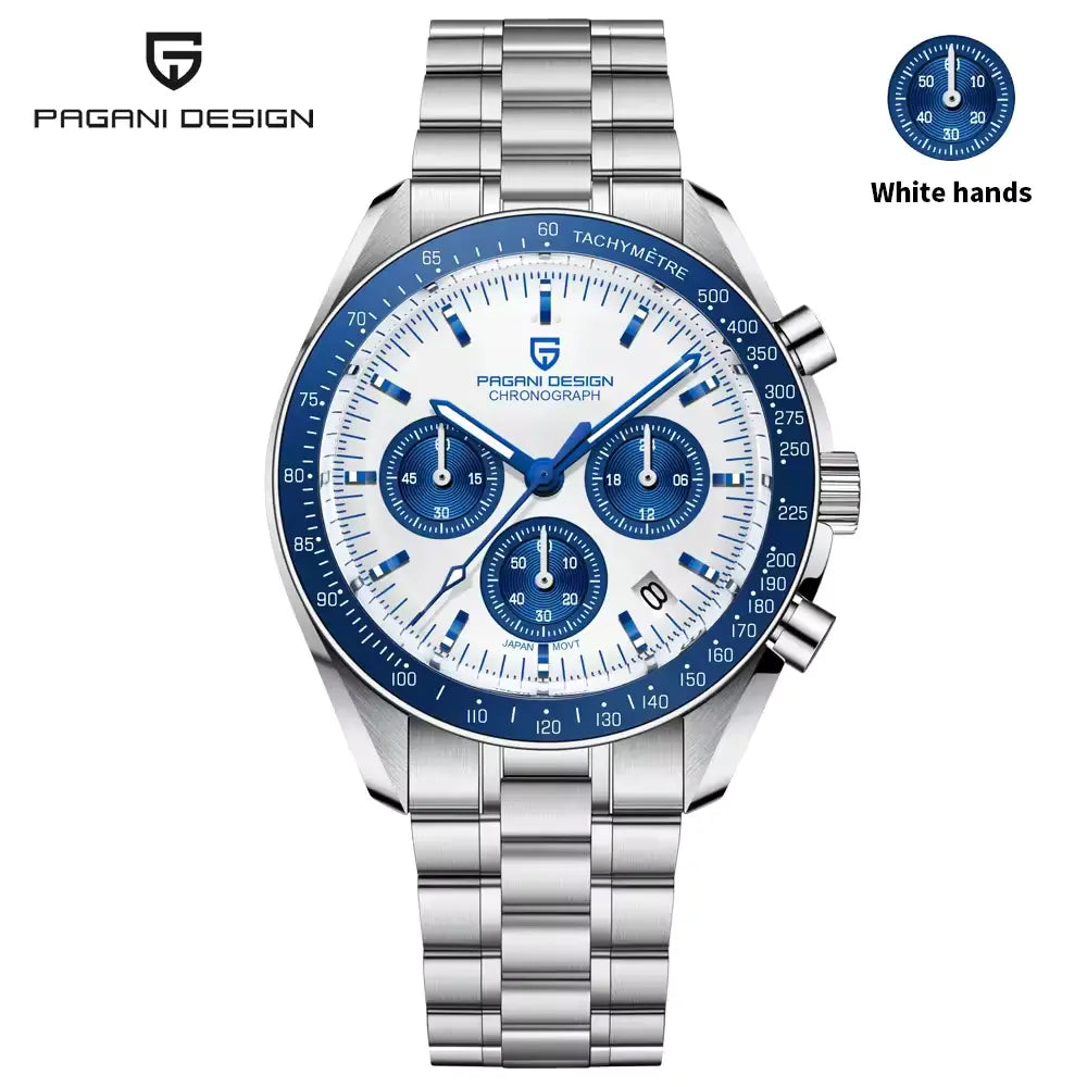 Pagani Design pd1701 watch with a silver bracelet and blue face on a white dial