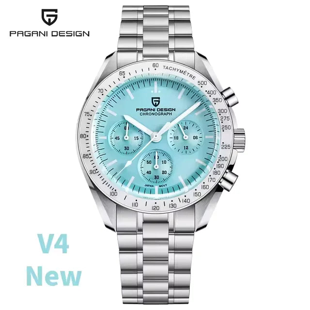 Pagani Design PD1701 V4 chronograph watch with white sapphire tachymeter bezel, ice blue dial and stainless steel bracelet