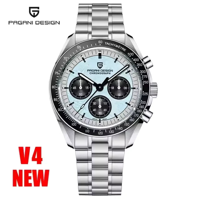 Pagani Design PD1701 V4 ice blue meteorite texture dial chronograph watch with black tachymeter bezel and stainless steel bracelet