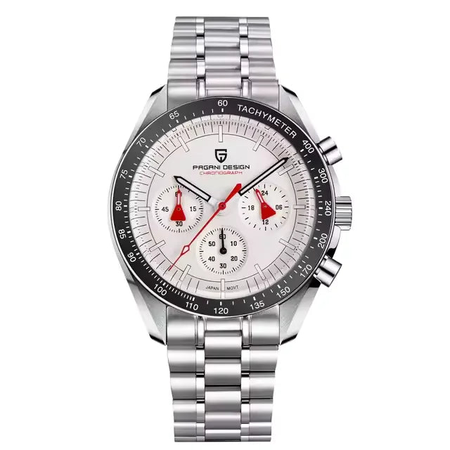 Pagani Design PD1701 V5 chronograph watch with black sapphire tachymeter bezel, white dial, and stainless steel bracelet
