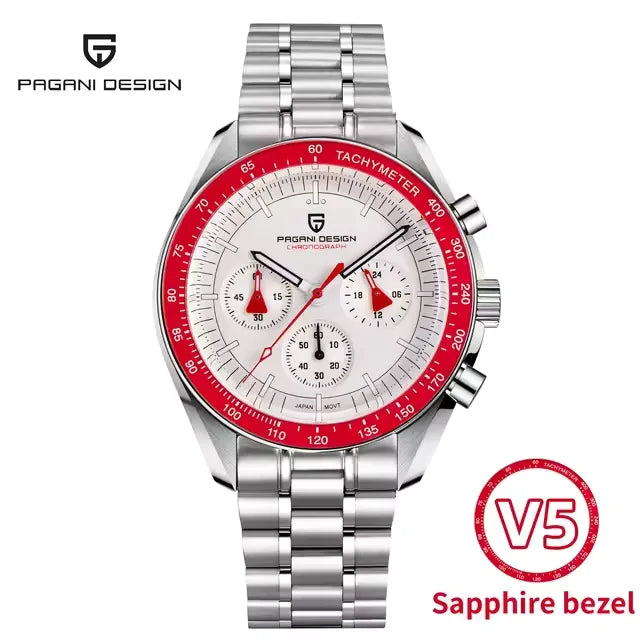 Pagani Design PD1701 V5 chronograph watch with red sapphire tachymeter bezel, white dial and stainless steel bracelet