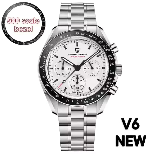 Pagani Design PD-1701 white dial Speedmaster homage chronograph watch with black tachymeter bezel