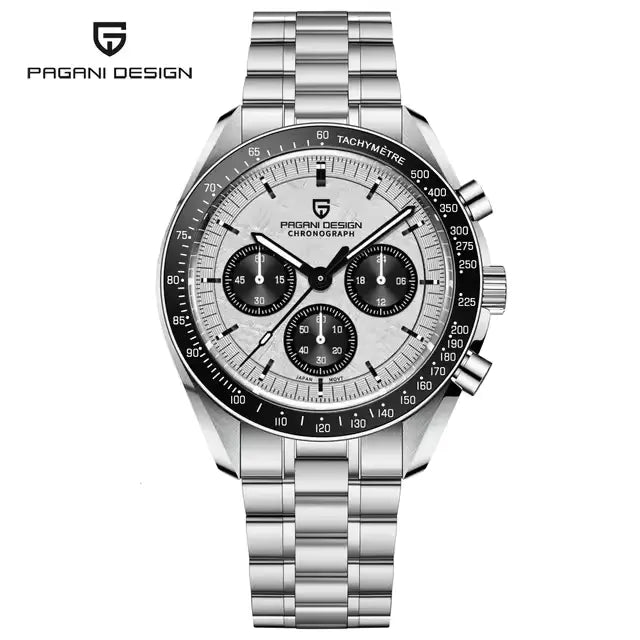 Pagani Design PD1701 white meteorite texture dial chronograph watch with black tachymeter bezel and stainless steel bracelet