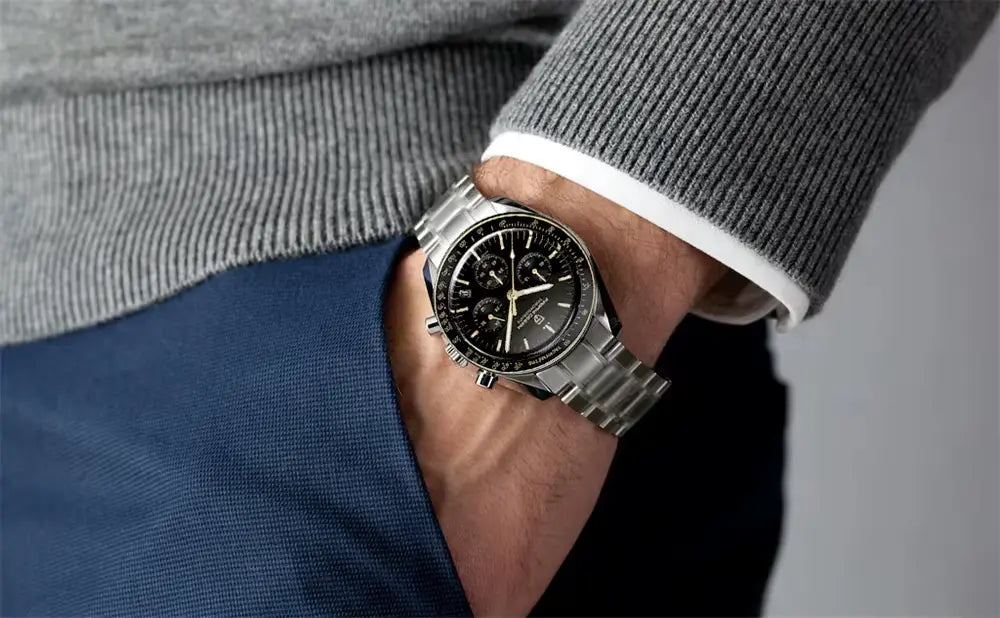 Pagani Design PD-1701 wrist shot outdoor lighting showing chronograph dial and steel bracelet