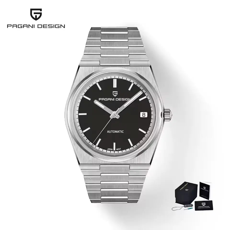 Pagani Design PD-1753 black dial automatic watch front view PRX style