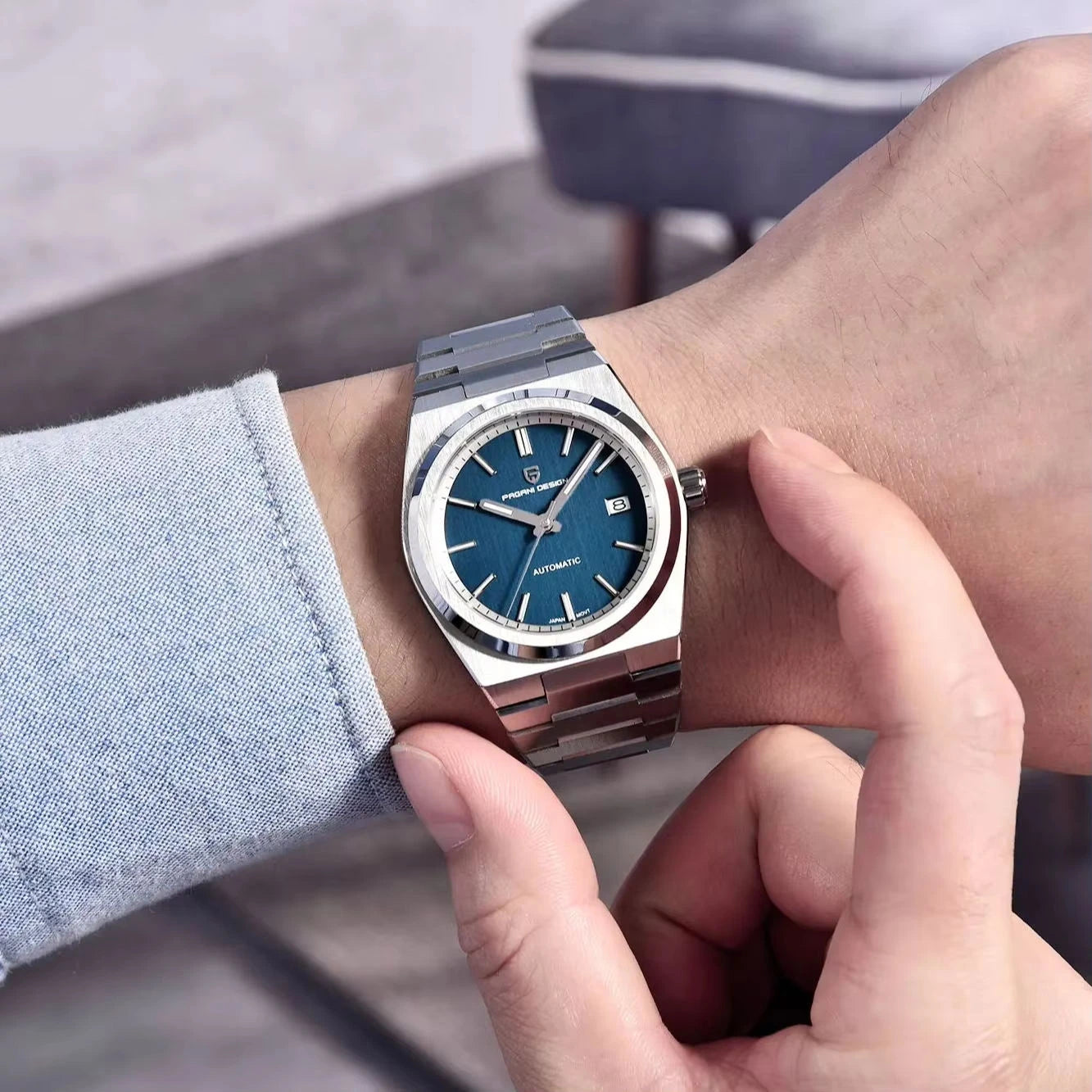 Pagani PD1753 blue dial automatic watch on wrist hand shot