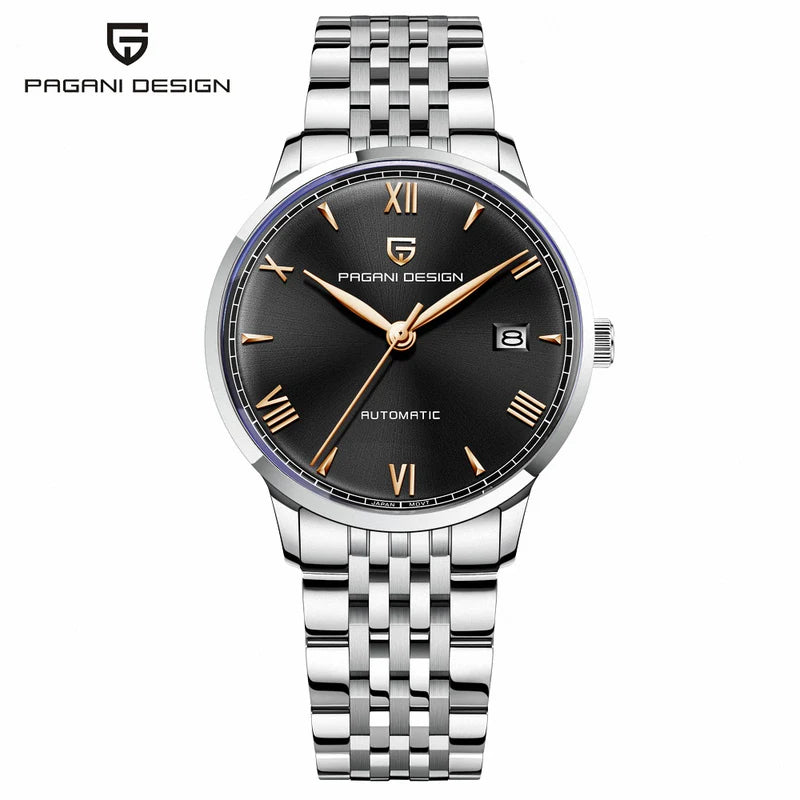 Pagani Design PD-1759 black dial automatic watch front view stainless steel bracelet