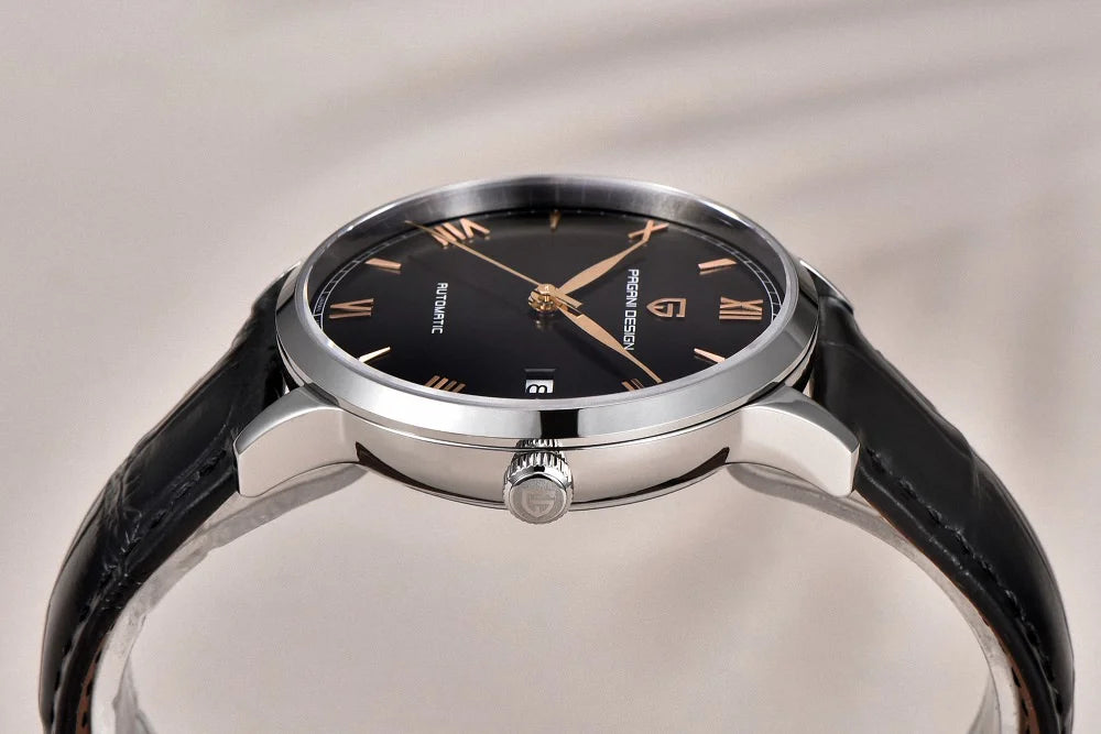 Black leather strap texture Pagani Design PD-1759 watch close up