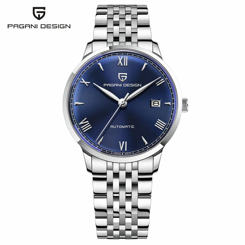 Pagani Design PD-1759 blue dial automatic watch front view stainless steel bracelet
